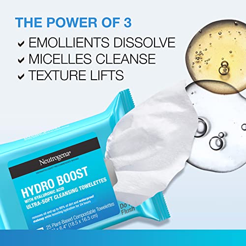 Neutrogena Hydro Boost Facial Cleansing Towelettes + Hyaluronic Acid, Hydrating Makeup Remover Face Wipes Remove Dirt & Waterproof Makeup, Hypoallergenic, 100% Plant-Based Cloth, 2 x 25 ct - Morena Vogue