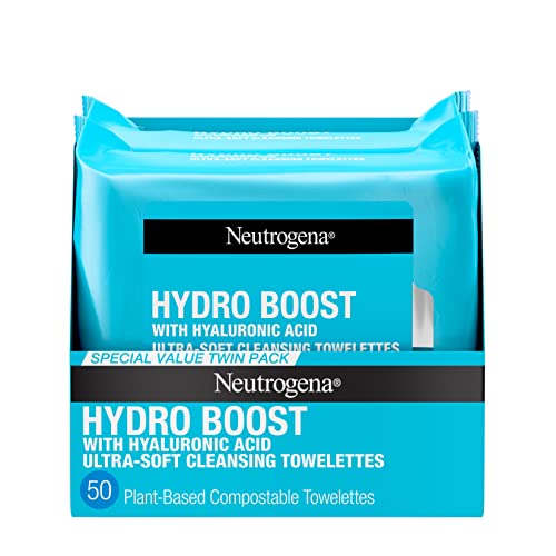 Neutrogena Hydro Boost Facial Cleansing Towelettes + Hyaluronic Acid, Hydrating Makeup Remover Face Wipes Remove Dirt & Waterproof Makeup, Hypoallergenic, 100% Plant-Based Cloth, 2 x 25 ct - Morena Vogue