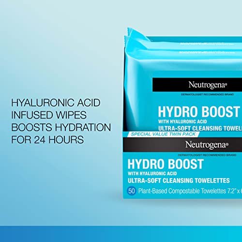 Neutrogena Hydro Boost Facial Cleansing Towelettes + Hyaluronic Acid, Hydrating Makeup Remover Face Wipes Remove Dirt & Waterproof Makeup, Hypoallergenic, 100% Plant-Based Cloth, 2 x 25 ct - Morena Vogue