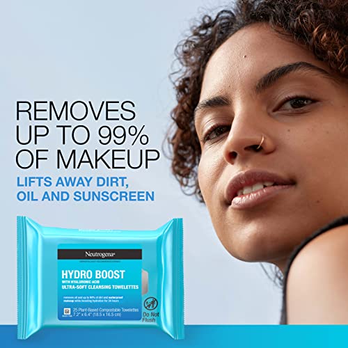 Neutrogena Hydro Boost Facial Cleansing Towelettes + Hyaluronic Acid, Hydrating Makeup Remover Face Wipes Remove Dirt & Waterproof Makeup, Hypoallergenic, 100% Plant-Based Cloth, 2 x 25 ct - Morena Vogue