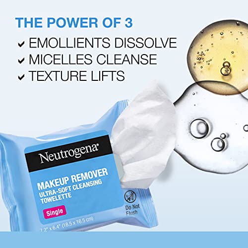 Neutrogena Makeup Remover Facial Cleansing Towelette Singles, Daily Face Wipes Remove Dirt, Oil, Makeup & Waterproof Mascara, Gentle, Individually Wrapped, 100% Plant-Based Fibers, 20 ct - Morena Vogue