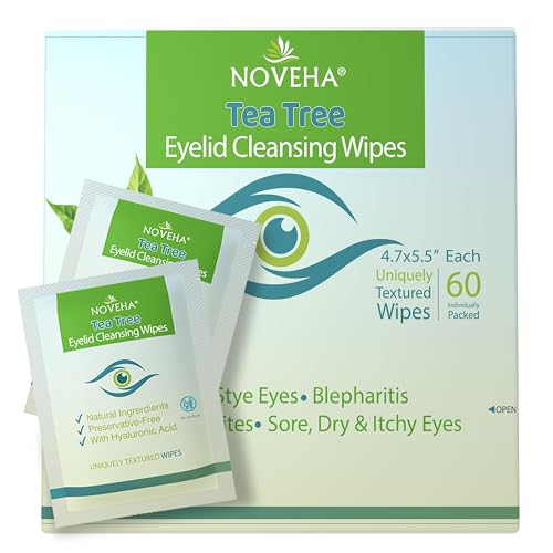 NOVEHA 60PCs Tea Tree Oil Eyelid & Lash Wipes | With Hyaluronic Acid, Green Tea & Chamomile For Blepharitis, Itchy & Stye Eyes, Individually Wrapped, Natural Eyelash Makeup Remover & Daily Cleanser - Morena Vogue