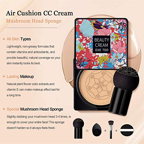 NUIBO Air Cushion CC Cream Mushroom Head, Moisturizing Concealer Makeup Base, Primer Liquid Foundation Long Lasting with Two Mushroom Makeup Sponges 【Natural】【Screw lid】 - Morena Vogue