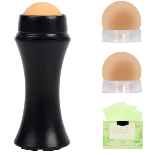 Oil-Absorbing Volcanic Face Roller set with blotting paper and 2PC Replaceable Volcanic Balls,Reusable Portable Oily Skin Control Roller, Instant Results Remove Excess Shine Rolling (Black Set) - Morena Vogue