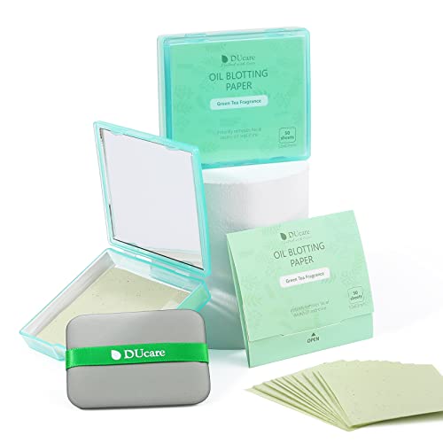 Oil Blotting Sheets for Face, DUcare 100 Counts Green Tea Blotting Paper For Oily Skin with Portable Mirror Case & Makeup Puff, Oil Absorbing Sheets For Face - Morena Vogue