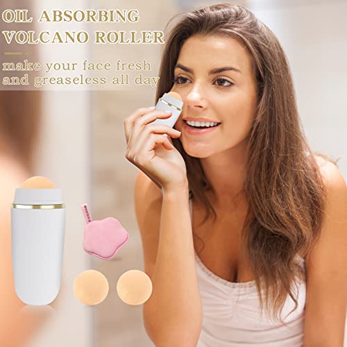 Oil Control On The Go, Oil Absorbing Volcanic Roller with Two Replaceable Volcanic Ball and Cleaning Sponge, Reusable Portable Oil Control Roller, Oil Control Blotting Tool - Morena Vogue