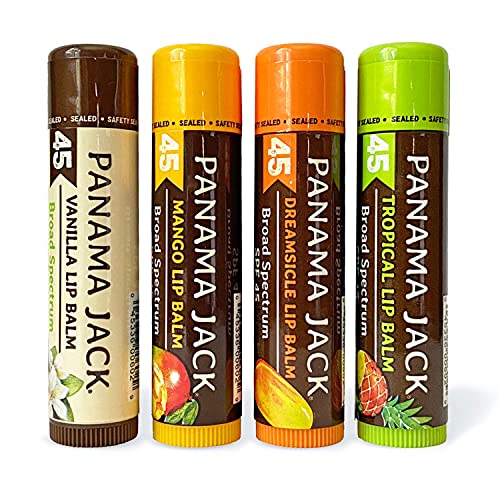 Panama Jack Sunscreen Lip Balm - SPF 45, Flavor Pack, Broad Spectrum UVA-UVB Sunscreen Protection, Prevents & Soothes Dry, Chapped Lips (Dreamsicle/Vanilla/Tropical/Mango) - Morena Vogue