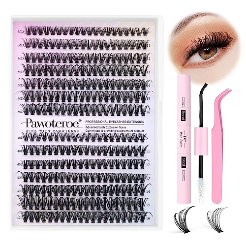 Pawotence Lash Extension Kit DIY 280pcs Lash Clusters Eyelash Extension Kit, 9-16mm Mix 30D 40D Curl Individual Lashes Kit with Lash Bond and Seal Lash Tweezers for Self Use(30D&40D-0.07D-9-16MIX KIT) - Morena Vogue