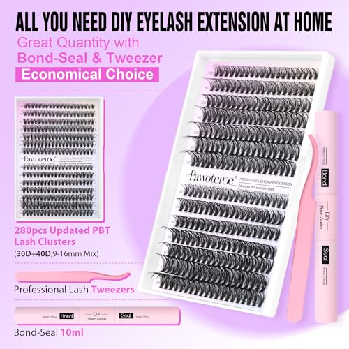 Pawotence Lash Extension Kit DIY 280pcs Lash Clusters Eyelash Extension Kit, 9-16mm Mix 30D 40D Curl Individual Lashes Kit with Lash Bond and Seal Lash Tweezers for Self Use(30D&40D-0.07D-9-16MIX KIT) - Morena Vogue