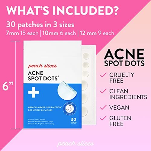 Peach Slices | Acne Spot Dots | Hydrocolloid Acne Patches | For Zits, Blemishes, & Breakouts | Vegan | Cruelty-Free | Pimple Patches | Facial Skin Care Products | 3 Sizes (7mm, 10mm, & 12mm) | 30 Ct - Morena Vogue