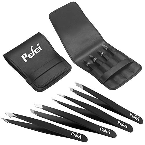 Pefei Tweezers Set - Professional Stainless Steel Tweezers for Eyebrows - Great Precision for Facial Hair, Splinter and Ingrown Hair Removal (Black) - Morena Vogue