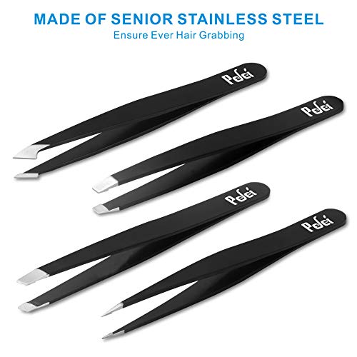 Pefei Tweezers Set - Professional Stainless Steel Tweezers for Eyebrows - Great Precision for Facial Hair, Splinter and Ingrown Hair Removal (Black) - Morena Vogue