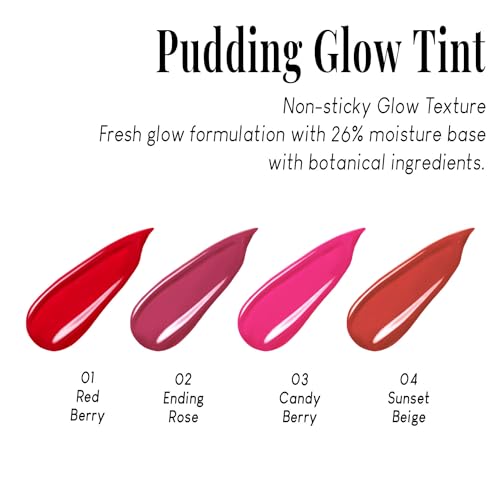 Pudding Glow Korean Lip Tint | Long-Lasting Lip Gloss Tint for Glowy | Moisturizing, Non-Sticky Glossy Lip Stain 0.14 Oz (03 CANDY BERRY) - Morena Vogue