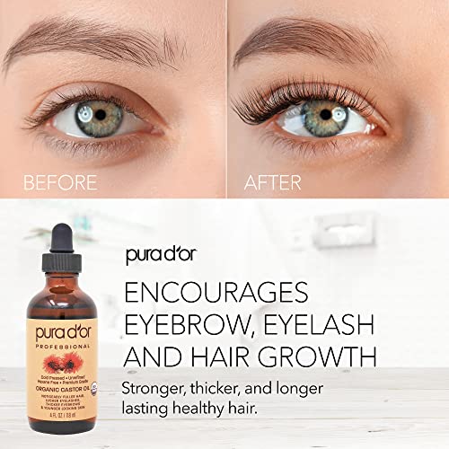 PURA D'OR Organic Castor Oil (4oz + 2 BONUS Pre-Filled Eyelash & Eyebrow Brushes) 100% Pure, Cold Pressed, Hexane Free Serum For Fuller, Thicker Lashes & Brows & Moisturizes Skin - Morena Vogue