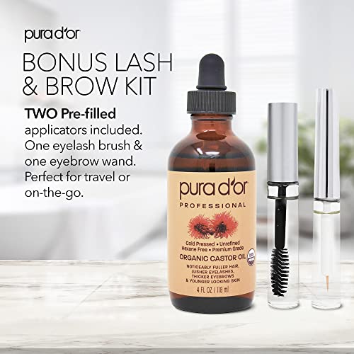 PURA D'OR Organic Castor Oil (4oz + 2 BONUS Pre-Filled Eyelash & Eyebrow Brushes) 100% Pure, Cold Pressed, Hexane Free Serum For Fuller, Thicker Lashes & Brows & Moisturizes Skin - Morena Vogue