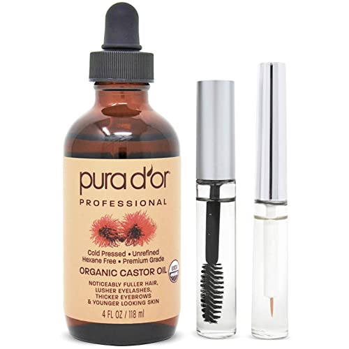 PURA D'OR Organic Castor Oil (4oz + 2 BONUS Pre-Filled Eyelash & Eyebrow Brushes) 100% Pure, Cold Pressed, Hexane Free Serum For Fuller, Thicker Lashes & Brows & Moisturizes Skin - Morena Vogue