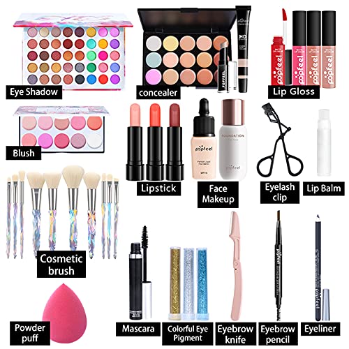 Pure Vie All-in-One Holiday Gift Makeup Set Cosmetic Essential Starter Bundle Include Eyeshadow Palette Lipstick Concealer Blush Mascara Foundation Face Powder - Makeup Kit for Women Full Kit - Morena Vogue