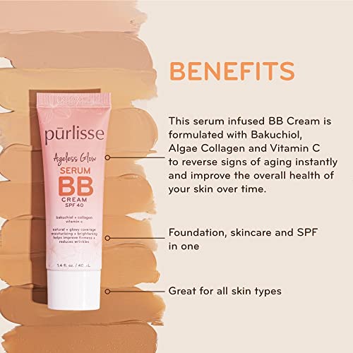 pūrlisse Ageless Glow Serum BB Cream SPF 40 : Clean & Cruelty-Free, Full & Flawless Coverage, Hydrates with Collagen | Light Warm 1.4oz - Morena Vogue