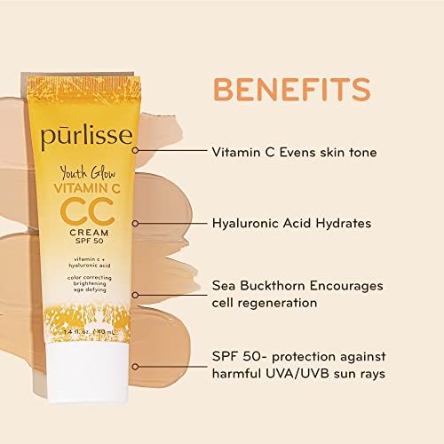 pūrlisse Youth Glow Vitamin C CC Cream SPF 50: Cruelty-Free & Clean, Paraben & Sulfate-Free, Full Coverage, Hydrates with Hyaluronic Acid | Light 1.4oz - Morena Vogue