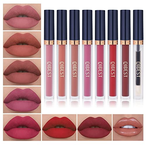 QiBest 7Pcs Matte Liquid Lipstick + 1Pcs Lip Plumper Makeup Set Kit, Pigmented Long Lasting Lip Gloss Set, Velvet Waterproof Lip Makeup Valentine's Day Gift Sets for Girls and Women - Morena Vogue