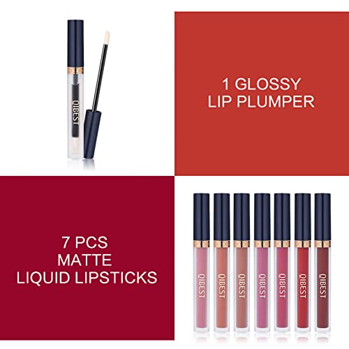 QiBest 7Pcs Matte Liquid Lipstick + 1Pcs Lip Plumper Makeup Set Kit, Pigmented Long Lasting Lip Gloss Set, Velvet Waterproof Lip Makeup Valentine's Day Gift Sets for Girls and Women - Morena Vogue