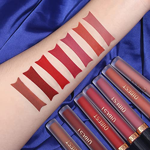 QiBest 7Pcs Matte Liquid Lipstick + 1Pcs Lip Plumper Makeup Set Kit, Pigmented Long Lasting Lip Gloss Set, Velvet Waterproof Lip Makeup Valentine's Day Gift Sets for Girls and Women - Morena Vogue