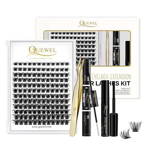 QUEWEL DIY Lash Extensions Kit Lash Clusters 144 Pcs, Cluster Lashes Golden Lashes Tweezers, Eyelash Clusters Bond and Seal Waterproof, Cluster Lash Glue Remover for DIY Lash Extensions (QU-RR-DH-01) - Morena Vogue