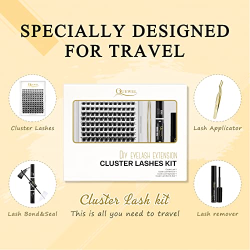 QUEWEL DIY Lash Extensions Kit Lash Clusters 144 Pcs, Cluster Lashes Golden Lashes Tweezers, Eyelash Clusters Bond and Seal Waterproof, Cluster Lash Glue Remover for DIY Lash Extensions (QU-RR-DH-01) - Morena Vogue