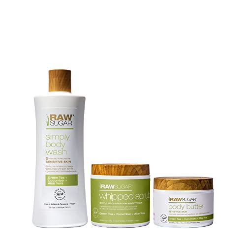 Raw Sugar Green Tea + Cucumber + Aloe Vera Body Love Bundle - Sensitive Skin Body Wash, Body Scrub & Body Butter, Clean Ingredients, Formulated without Sulfates and Parabens - Morena Vogue