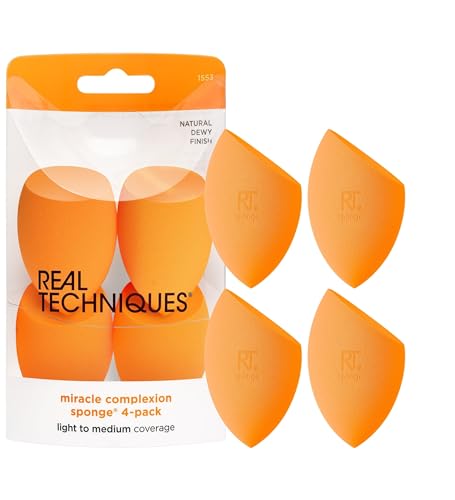 Real Techniques Miracle Complexion Sponge, Makeup Blender Sponge For Liquid & Cream Foundation, Light & Medium Coverage, Natural, Dewy Base Makeup, Mother’s Day Gift Set, Latex-Free Foam, 4 Count - Morena Vogue