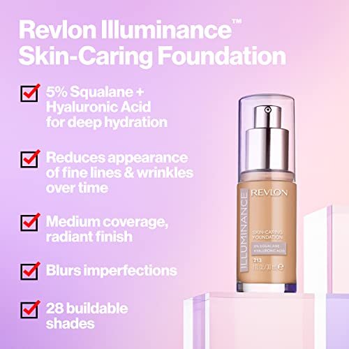 Revlon Illuminance Skin-Caring Liquid Foundation, Hyaluronic Acid, Hydrating and Nourishing Formula with Medium Coverage, 201 Creamy Natural (Pack of 1) - Morena Vogue