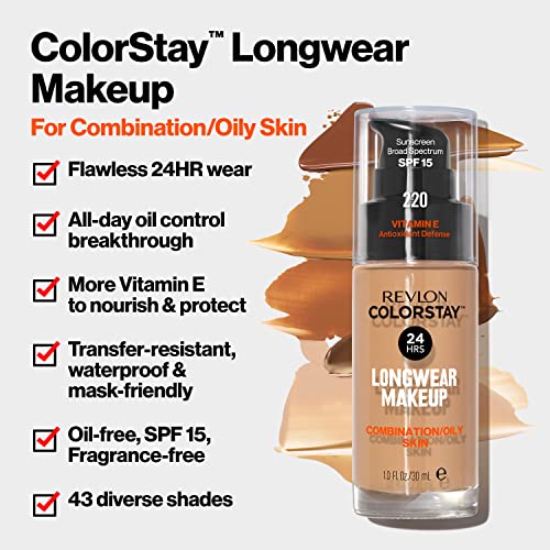 Revlon Liquid Foundation, ColorStay Face Makeup for Combination & Oily Skin, SPF 15, Medium-Full Coverage with Matte Finish, Natural Beige ((220), 1.0 oz - Morena Vogue