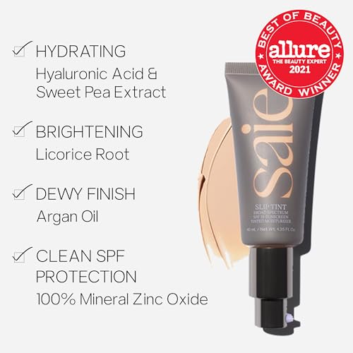 Saie Slip Tint SPF 35 Tinted Moisturizer - Light Coverage Moisturizer + Broad Spectrum Zinc Oxide Sunscreen with Hydrating Hyaluronic Acid - Shade Three + Half (1.35 oz) - Morena Vogue