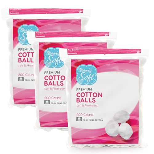 Simply Soft Premium Cotton Balls, 100% Pure Cotton, Absorbent, 200 Count (Pack of 3) - Morena Vogue