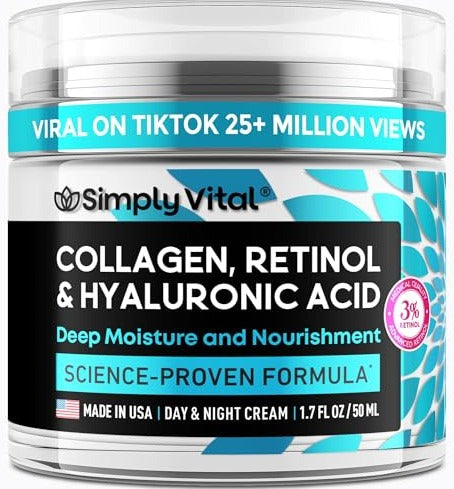 SimplyVital Face Moisturizer Collagen Cream - Anti Aging Neck and Décolleté - Made in USA Day & Night Face Cream - Moisturizing, Lifting & Recovery – 1.7oz - Morena Vogue