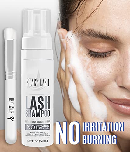 STACY LASH Eyelash Extension Shampoo + Brush / 1.69 fl.oz / 50ml / Eyelid Foaming Cleanser/Wash for Extensions & Natural Lashes/Safe Makeup Remover/Supplies for Professional & Home Use - Morena Vogue