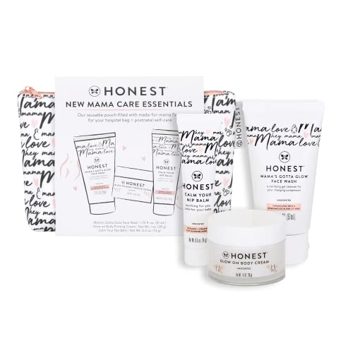 The Honest Company New Mama Care Essentials Gift Set | Hospital Bag Must Haves | Travel Size Nip Balm (0.5 oz), Glow On Body Cream (1 oz), Gotta Glow Face Wash (1.75 fl oz), Reusable Pouch - Morena Vogue