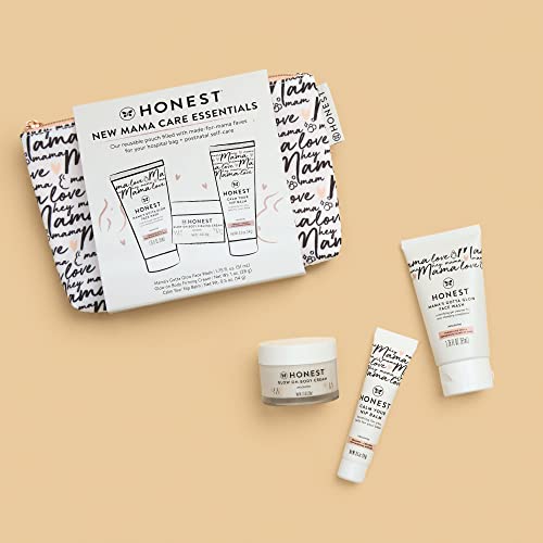 The Honest Company New Mama Care Essentials Gift Set | Hospital Bag Must Haves | Travel Size Nip Balm (0.5 oz), Glow On Body Cream (1 oz), Gotta Glow Face Wash (1.75 fl oz), Reusable Pouch - Morena Vogue