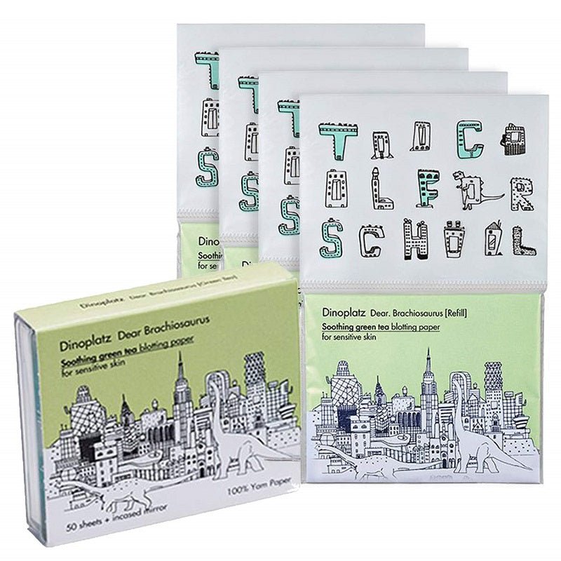 [Too Cool for School] Dear Brachiosaurus Blotting Paper [50 sheets w/Puff and Mirror] + 4 Refills [Total: 200 sheets w/ 4 replacement Puffs] - Morena Vogue