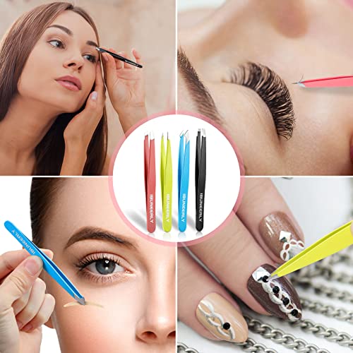 Tweezers Set, 4Pcs Tweezers for Women with Travel Case, Professional Stainless Steel Eyebrows Tweezers, Great Precision Tweezers for Ingrown Hair, Facial Hair, Splinter Removal (Multi-Color) - Morena Vogue