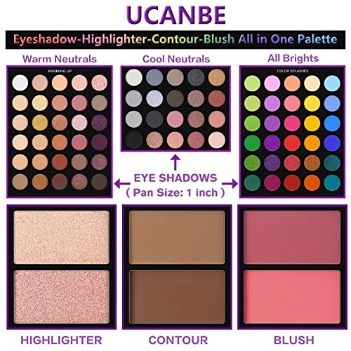 UCANBE Eyeshadow Palette with 15Pcs Brushes Makeup Set, Pigmented 86 Colors Make Up Sets Valentine's Day Gift, Matte Shimmer Glitter Eye Shadow Pallet Highlighter Contour Blush Powder Brush Beauty Kit - Morena Vogue