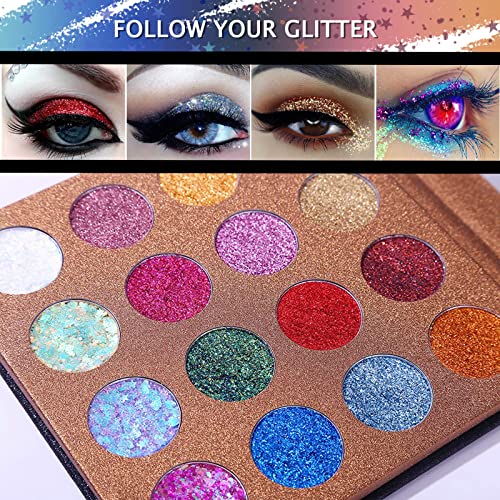 UCANBE Pro Glitter Eyeshadow Palette - Professional 16 Colors - Chunky & Fine Pressed Glitter Eye Shadow Powder Makeup Pallet Highly Pigmented Ultra Shimmer for Face Body - Morena Vogue