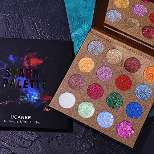 UCANBE Pro Glitter Eyeshadow Palette - Professional 16 Colors - Chunky & Fine Pressed Glitter Eye Shadow Powder Makeup Pallet Highly Pigmented Ultra Shimmer for Face Body - Morena Vogue