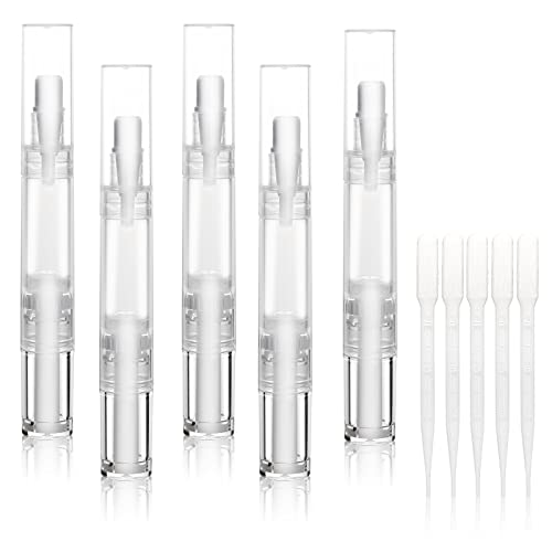 UPZIGS 5 pack 5ml Transparent Twist Pen for Cuticle Oil Applicator, Empty Nail Oil Pen with Brush Tip, Eyelash Growth Liquid Tube, Cosmetic Lip Gloss Container (5x) - Morena Vogue