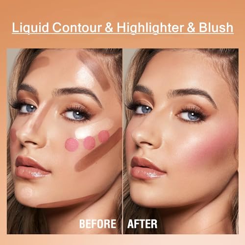 URQT Highly Pigmented Liquid Contour - Built-in Sponge Tip Sculpted Complexion Wand Contour Long Lasting Natural Buildable Highlighters Contour Contouring Bronzer (Contour+Blush+Highlighter) - Morena Vogue