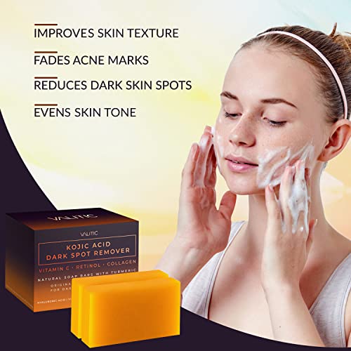 VALITIC Kojic Acid Dark Spot Remover Soap Bars with Vitamin C, Retinol, Collagen, Turmeric - Original Japanese Complex Infused with Hyaluronic Acid, Vitamin E, Shea Butter, Castile Olive Oil (2 Pack) - Morena Vogue