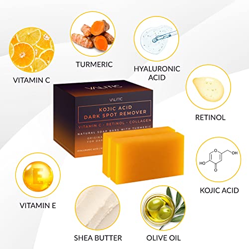 VALITIC Kojic Acid Dark Spot Remover Soap Bars with Vitamin C, Retinol, Collagen, Turmeric - Original Japanese Complex Infused with Hyaluronic Acid, Vitamin E, Shea Butter, Castile Olive Oil (2 Pack) - Morena Vogue