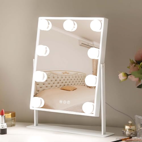 Vanity Mirror with Lights Hollywood Lighted Makeup Mirror with 9 Dimmable Bulbs & 3 Color Lighting Modes, Detachable 10X Magnification Mirror and 360 Degree Rotation(White) - Morena Vogue