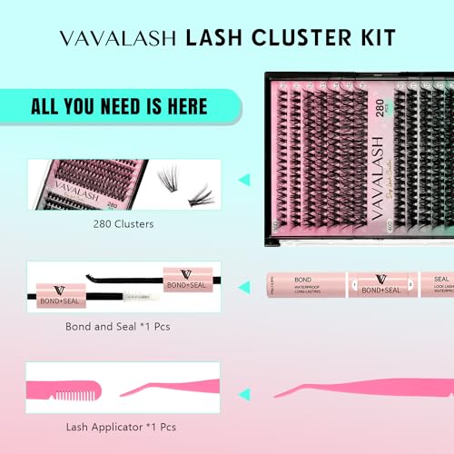 VAVALASH DIY Lash Extensions Kit Individual Cluster Lashes Kit with 280 Lash Clusters 30D+40D-0.07-D-10-16Mix, Lash Bond and Seal, Lash Applicator for DIY Eyelash Extensions at Home（Kit-30D+40D) - Morena Vogue