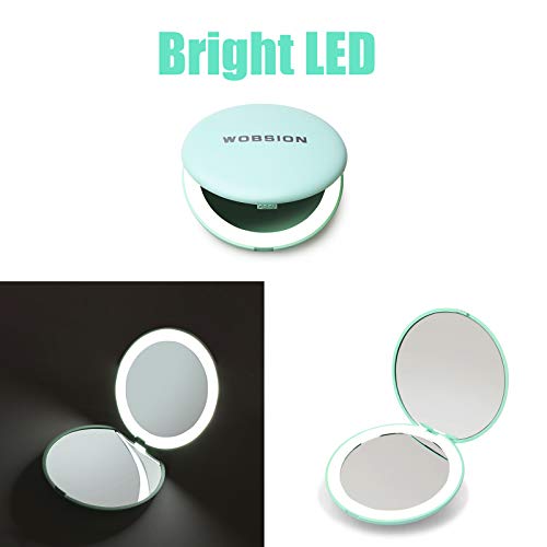 wobsion LED Lighted Travel Makeup Mirror, 1x/10x Magnification, Compact, Portable for Handbag, Purse, Pocket, 3.5 inch Illuminated, Folding, Handheld, 2-Sided , Round, Cyan - Morena Vogue